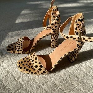 Madewell The Brooke Ankle Strap Block Heel Sandal in Spotted Calf Hair